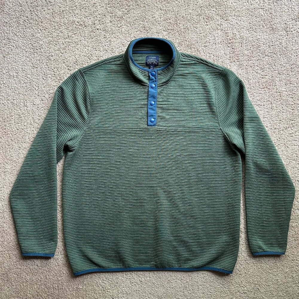 J Crew Sweater Mens XL Henley Snap T Mock Neck Green Ribbed Authentic Fleece